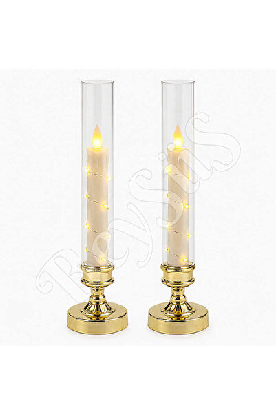 BeySüS Luxury Collection Gold Ayaklı Cam Fanuslu Led Mum Seti 2li Premium Dek...