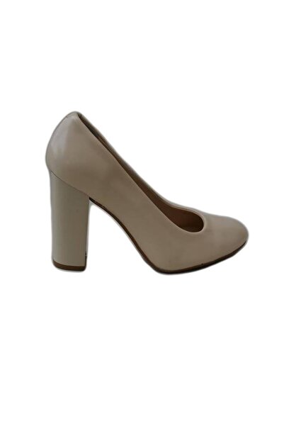 OEM Pantof de culoare crem, din piele naturala lacuita cu toc gros