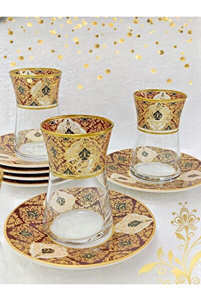 Yıldızan Albemo Heybeli Gold Burgundy Patterned Glass Porcelain Tea Set for 6...