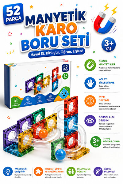 hak-iş oyuncak 52 Parça Manyetik Karo Boru Seti – STEM Eğitici Oyuncak, Bilye...