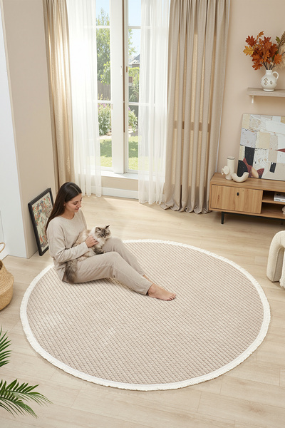 Ellya Home VELA Vizon Bohem Yuvarlak İskandinav Bukle Dokuma Kaymaz Taban Mod...