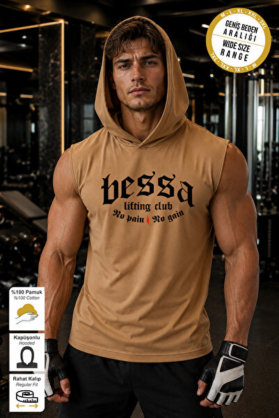 BESSA Beige Lifting Club Printed Standard Fit Hooded Sports Athlete Cotton Fa...
