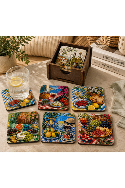 kids town Set of 6 Mediterranean Picnic Coasters – 3 mm Mdf Uv Printed Square Coffee and Tea Coasters with Wooden Box |   Woodtown