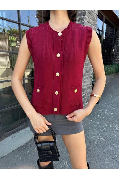 Flarsky Women's Black Crew Neck Textured Knitwear Vest with Gold Buttons