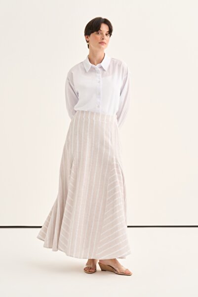 EBU Prive Women's Cotton Pieced Flounce Skirt Striped Beige