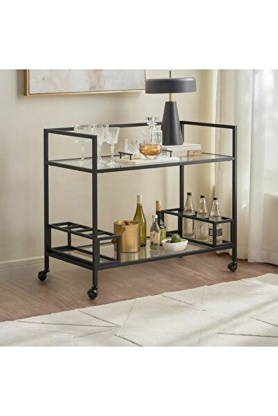 YINZUO 2 Tier Serving Trolley with Clear Glass Shelves, Welded Metal Frame Ba...