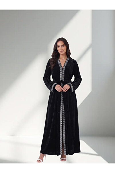 FNM Women's Black Velvet Belted Abaya - Geometric Embroidered Trim Open Front...