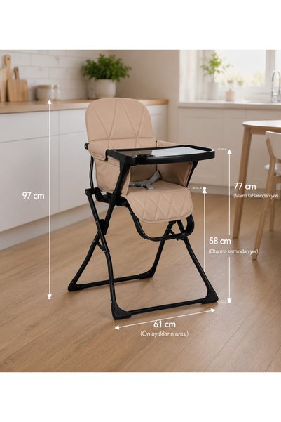 TinyCare Baressi Minderli, Tepsili ve Taşınabilir Kolay Katlanır Bebek Mama Sandalyesi bej