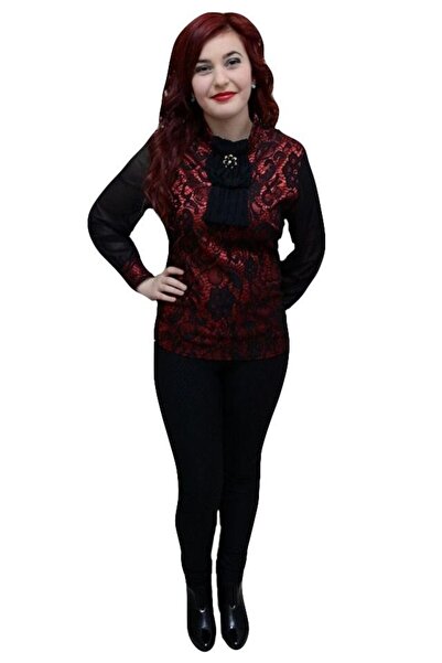 OEM Bluza clasica, de culoare negru-rosu, cu dantela aplicata