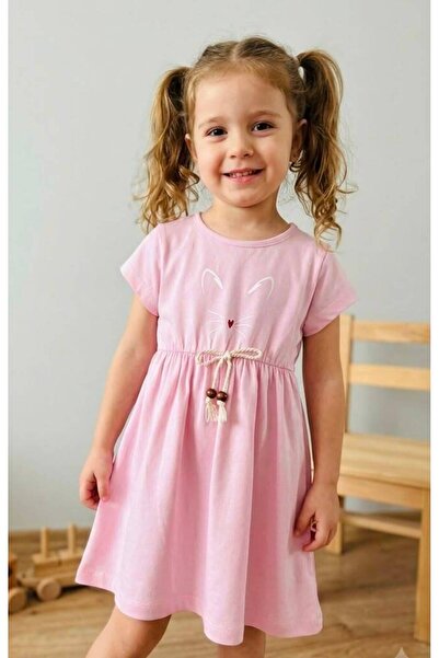 cacobutik Girl Child Cute Cat Printed Short Sleeve Cotton Combed Dress Pink