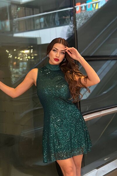 NEW STATION فستان نسائي بدون أكمام مع ياقة وربطة من الخلف مزين بالترتر