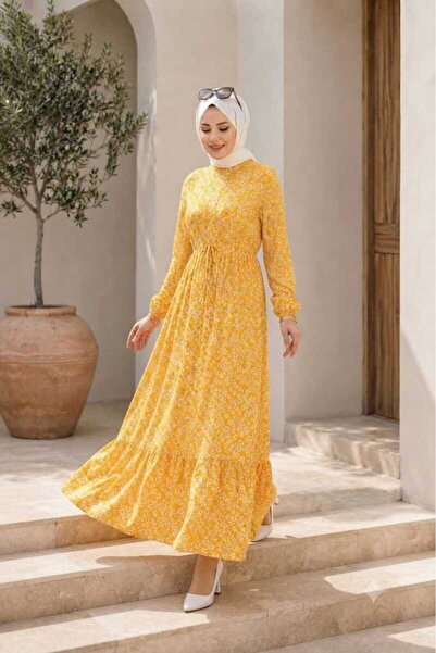 Kadın Tesettür Viscon Kumaş Puantiyeli 135 cm Belden Tünelli Bağlamalı Beş Düğmeli Boydan Elbise