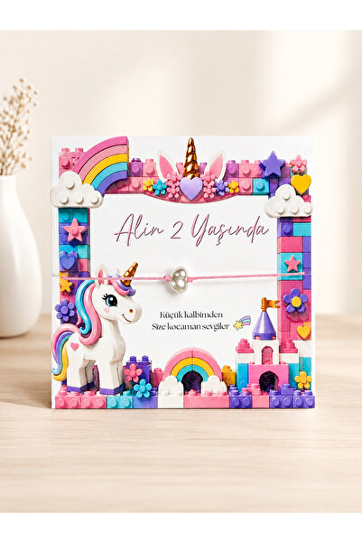 Mapel 18 Adet Unicorn Lego Temalı Kişiye Özel Bileklik Kartı, Doğum Günü Hedi...