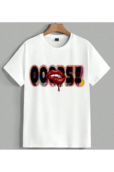 ELFERA Red Lip Pop Art Black Printed Unisex Oversize T-Shirt White