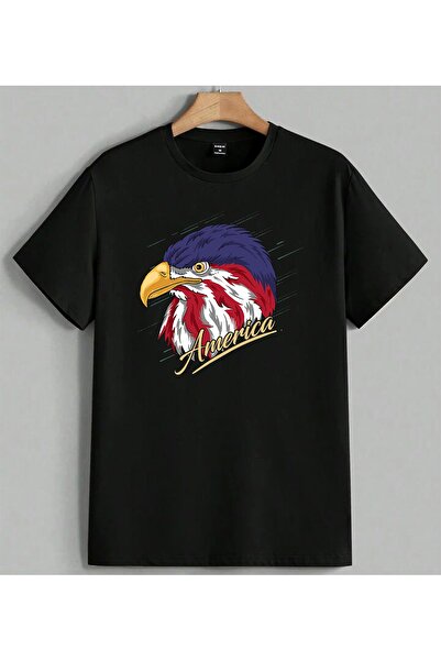 ELFERA American Eagle Flag Design Printed Unisex Oversize T-Shirt Black