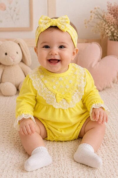 Tuğra Bebe رومبير للأطفال حديثي الولادة بياقة دانتيل وأكمام طويلة مع عصابة رأس