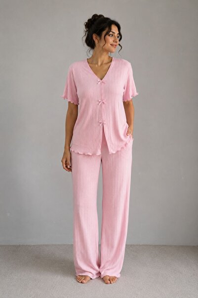 NEEWSTORE Transitional V-Neck Cotton Bow Detail Pajama Set