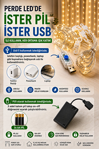 nextbuy Dekoratif Perde Led Hem Pilli Hem Usbli Kumandalı 8 Mod Animasyonlu L...