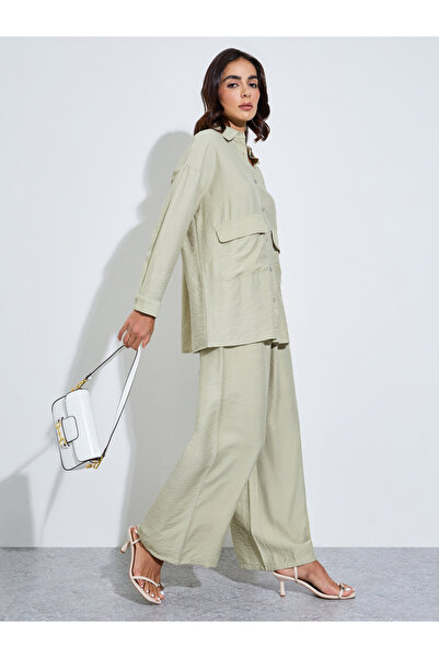 Amirah By Styli Green Oversized Shirt and Wide Leg Pants Modest Set