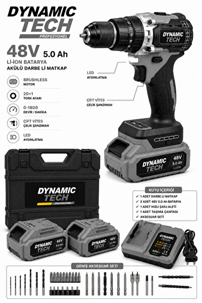DynamicTech Profesyonel 48V 5.0Ah Kömürsüz Akülü Darbeli Matkap 2 Akü Şarj Ci...