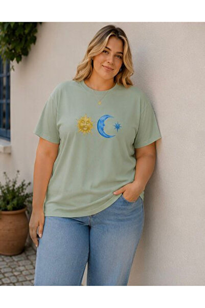 3S MODA اسمك هو تي شيرت Big Size Basic Moon - Sun مطبوع رقميًا