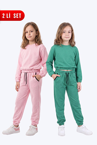 FYK KİDS 2-Piece Round Neck, Elastic Waist, Cropped Cut, 4-Piece Girls' Top a...