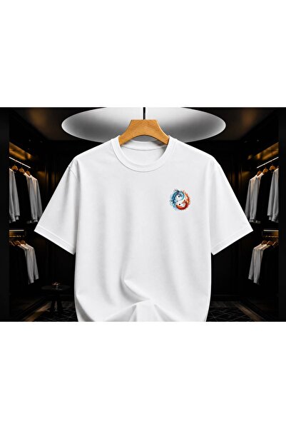 EYMORA White Yin Yang Dragon Minimal Printed Unisex T-Shirt – Japanese Mythol...