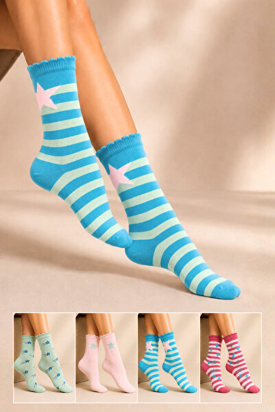 KARDEŞLER ÇORAP Women's Cotton Patterned Socks Multi-Colored 4-Piece Pack