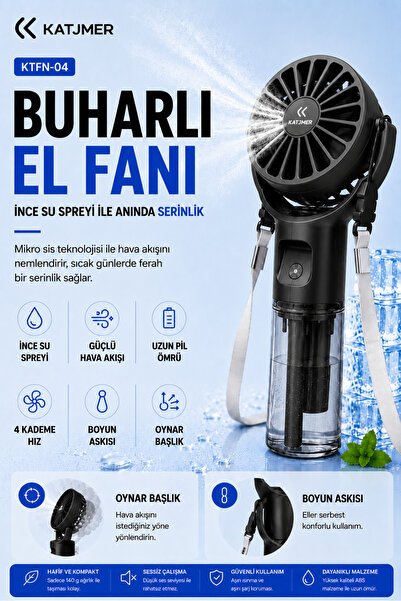 KATJMER KTFN-04 Buharlı Sulu El Fanı, 4 Kademeli Şarjlı Mini Vantilatör, İnce...