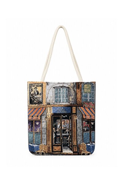 Köşedeki Dükkan Women's Landscape Patterned Woven Shoulder Bag Daily Tote Bag