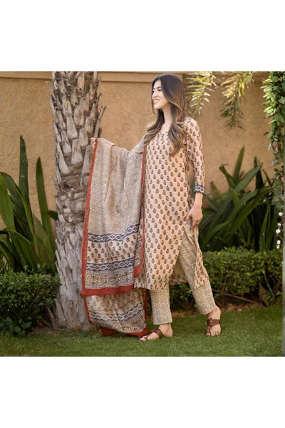 MYSMAR Beige Viscose Rayon Kurta Pant Dupatta Set - VRN1006 | Beige-Size:XL-4...