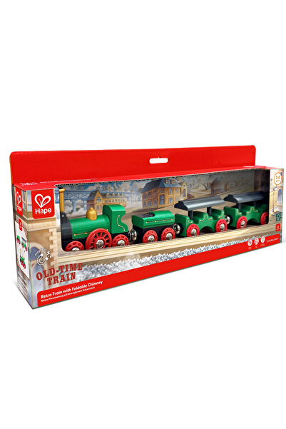 Hape Trenulet retro din lemn, Hape, cu cos de fum pliabil, 4 parti