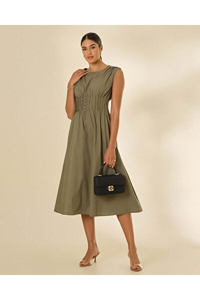 REDTAG Women Green Pintuck Waist Midi Dress