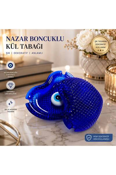 Buldem Nazar Boncuklu Cam Küllük Kapaklı Dekoratif Kül Tablası Mavi Cam Kül T...