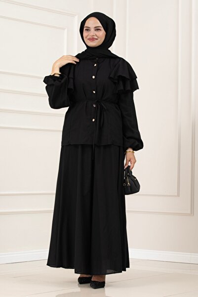 Sevitli Layered Detailed Minel Skirt Set - Black