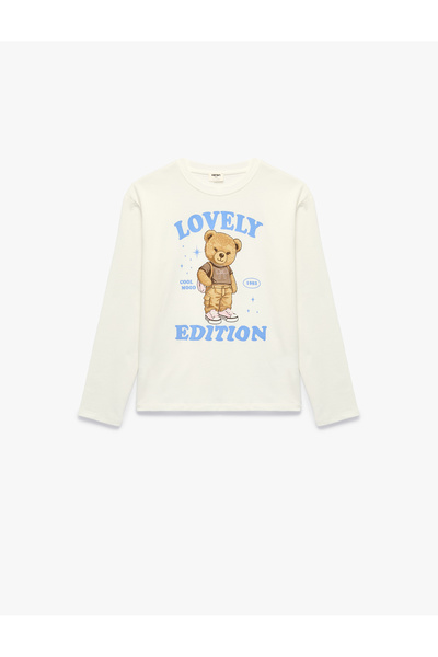 Koton Cotton Long Sleeve Crew Neck Teddy Bear Printed T-Shirt