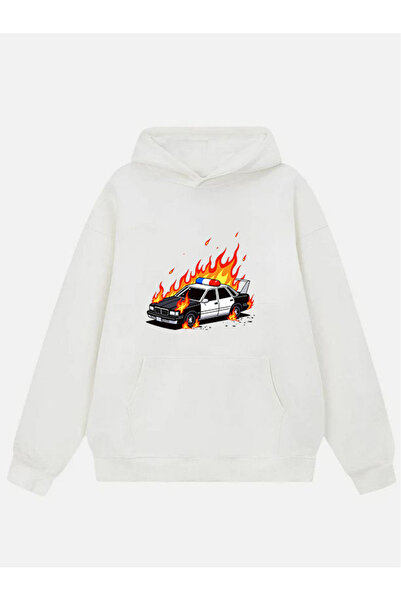 Mad&Calf Unisex Cop Car Printed Hooded Fleece Oversized Sweatshirt