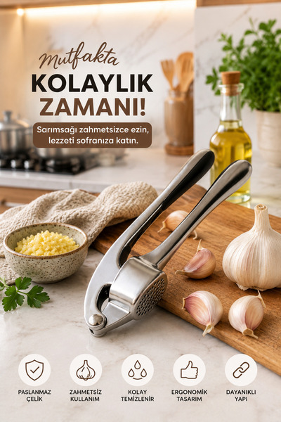 SYN AKSESUAR Paslanmaz Çelik Profesyonel Sarımsak Ezici – Ergonomik El Tipi S...