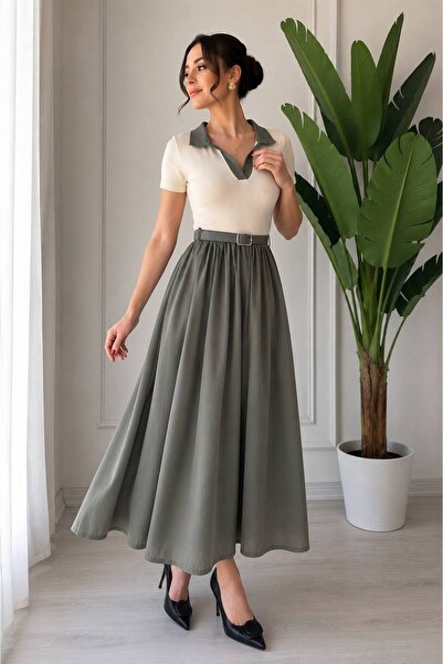 Nura Boutique Gömlek Yaka Kemerli Kısa Kol Elbise