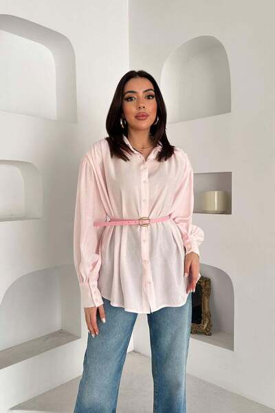 Moda Days قميص نسائي وردي اللون بأكمام طويلة وأزرار وأكمام بالونية وحزام عند ...