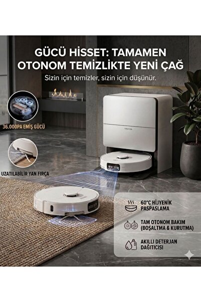 Roborock Akıllı Robot Süpürge ve Paspas 36.000 Pa Güçlü Emiş Sonik Titreşimli...