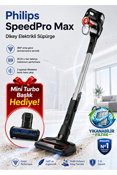 Philips SpeedPro Max Kablosuz Dikey Süpürge Mini Turbo Başlık Hediyeli! 360° ...