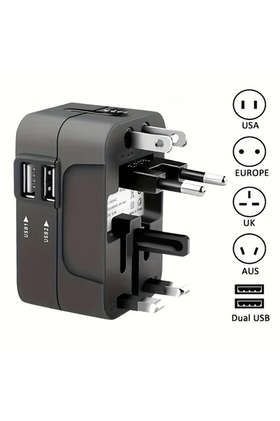 Choice محول سفر عالمي أسود بمنفذي USB للشحن، محول قابس دولي للسفر حول العالم،...