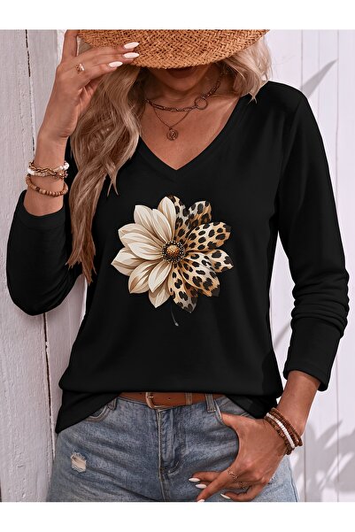 mercoledi Black Printed Cotton V-Neck Long Sleeve Blouse