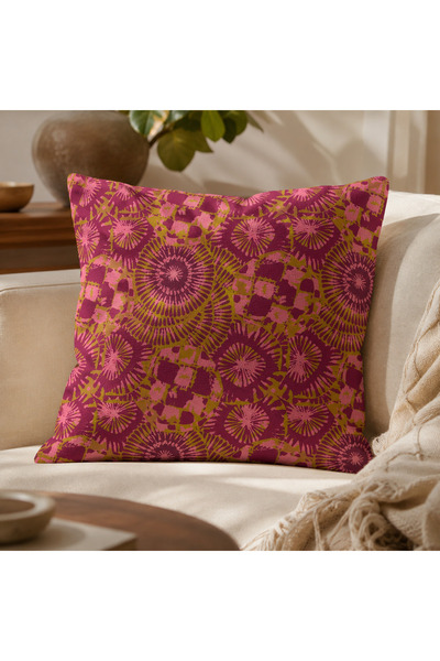 decoarstr DECOARS Bohem Mandala Geometrik Desenli Fuşya Hardal Sarısı Kırlent...