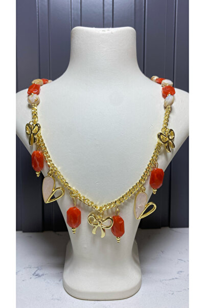 Mise Aksesuar Gold Detail Red Stone Heart Steel Necklace Natural Stone Appear...