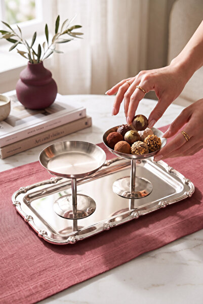 ÖzSa Home Stainless Steel 2-Piece Footed Bowl with Luxurious Patterned Tray P...