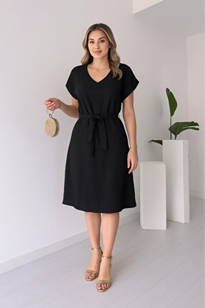 Generic Brand Women's Short Sleeve V-Neck Imported Linen Dress with Belted Waist