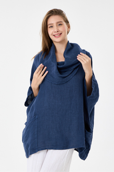 della moor Navy Blue Italian 100% Linen Degaje Collar Poncho Linen Blouse Siz...