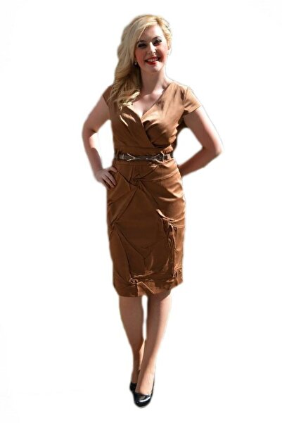 OEM Rochie rafinata din saten de culoare maro, cu croiala cambrata